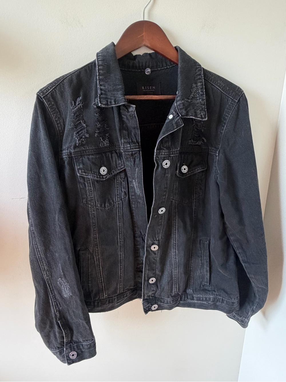 RISEN | Black Distressed Denim Trucker Jacket | Size Medium - Picture 2 of 10